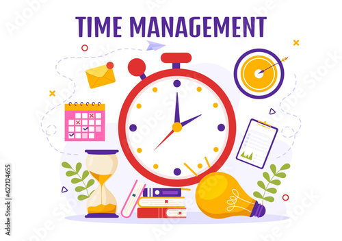 Time Management Vector Illustration with Clock Controls and Tasks Planning Training Activities Schedule in Flat Cartoon Hand Drawn Templates