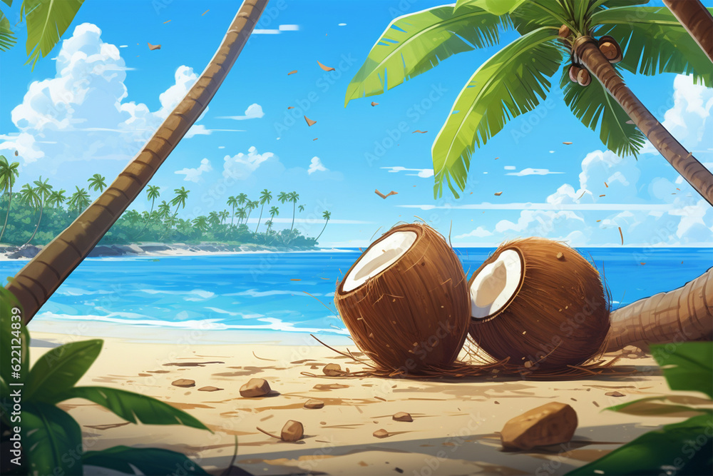 Generative AI.
background of coconut trees on the beach anime style