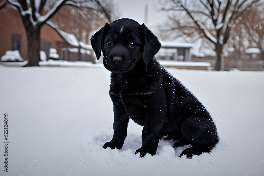 Baby puppy seeing snow for the first time. Generative AI
