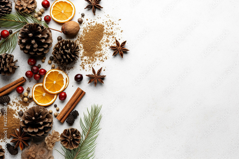 Christmas tree with cones, Christmas decorations on a white background. copy space top view. generative ai. Christmas tree with cones, Christmas decorations on a white background. copy space top view. generative ai.