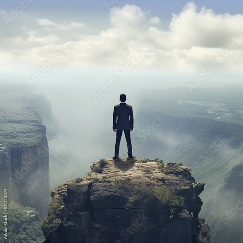 Business man standing on the top of the mountain looking at the valley. Business success concept. generative ai