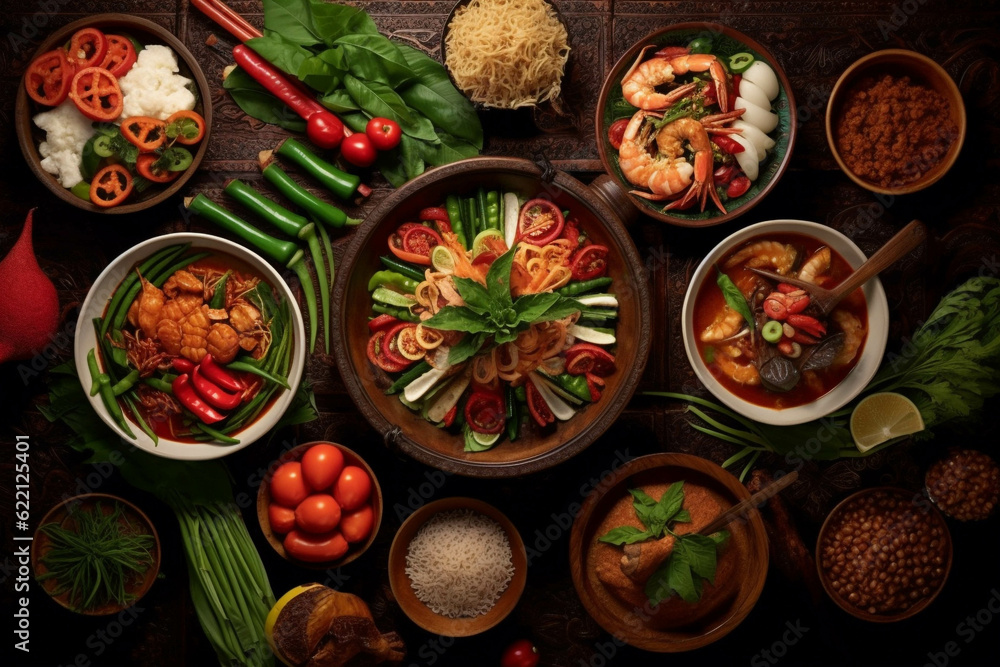 Thai food Set, Asian food Set. top view. generative ai. Thai food Set, Asian food Set. top view. generative ai.