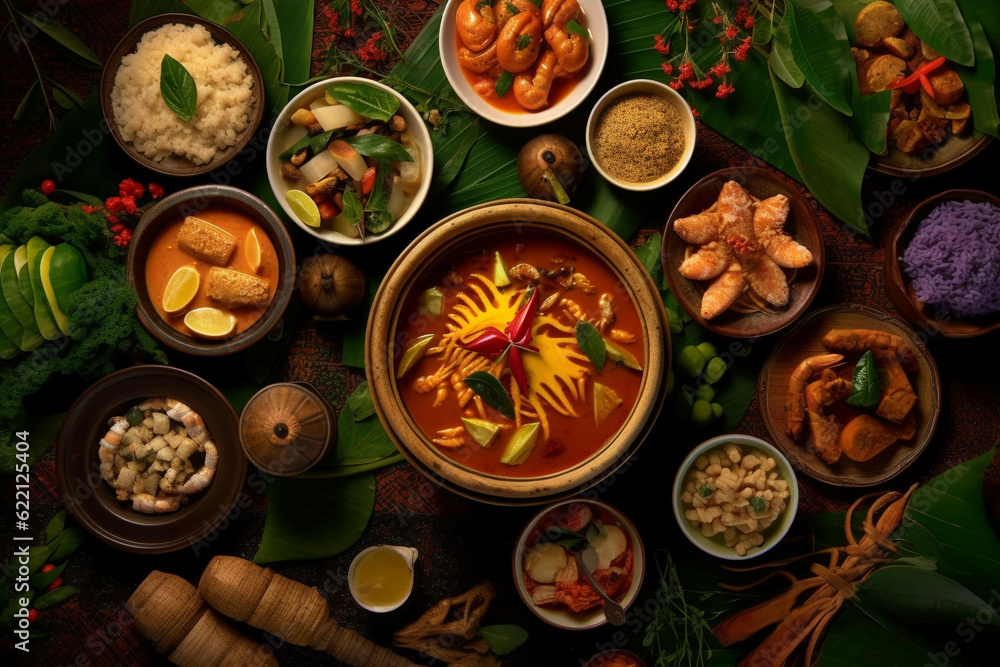 Thai food Set, Asian food Set. top view. generative ai.