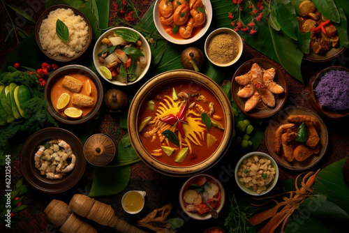 Thai food Set, Asian food Set. top view. generative ai.