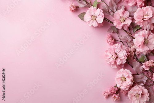 pink flowers in flatlay on pink background with copy space, top view. generative ai.