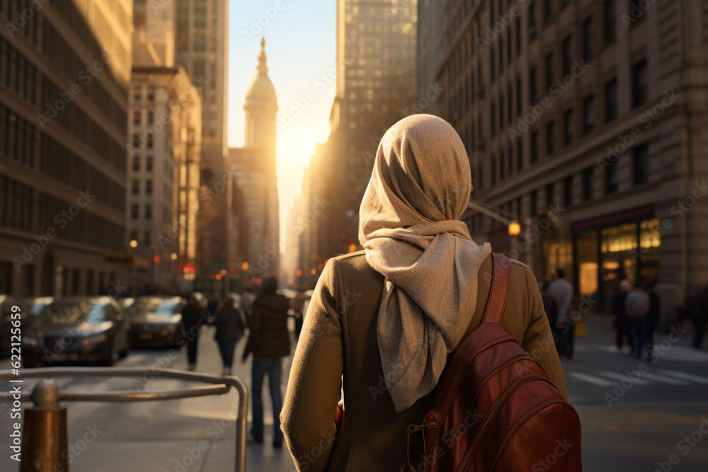 back view of anonymous asian muslim tourist at the street of nowhere. Travel and wanderlust concept. vacation and holiday.