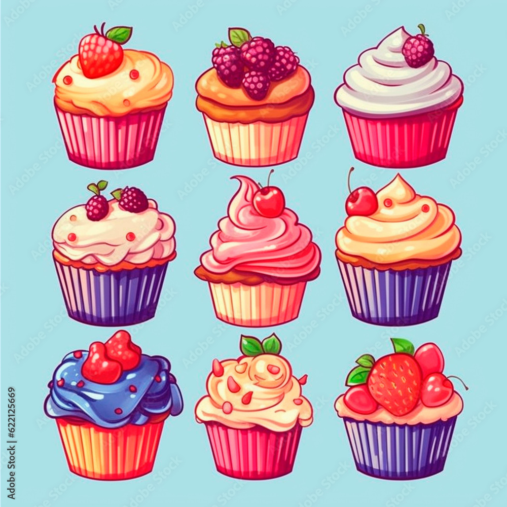 Sweet cupcakes set with decoration, cupcakes icon set. generative ai. Sweet cupcakes set with decoration, cupcakes icon set. generative ai.