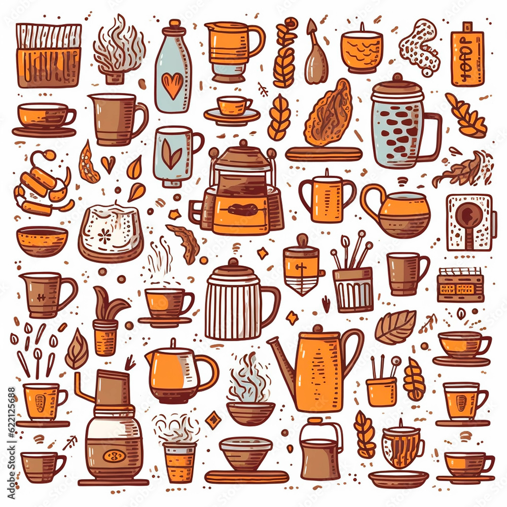 Coffee color black white doodle big set. Coffee to go, take away, coffee pots, cups and design elements. generative ai. Coffee color black white doodle big set. Coffee to go, take away, coffee pots, cups and design elements. generative ai.