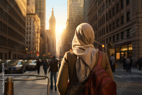 back view of anonymous asian muslim tourist at the street of nowhere. Travel and wanderlust concept. vacation and holiday.