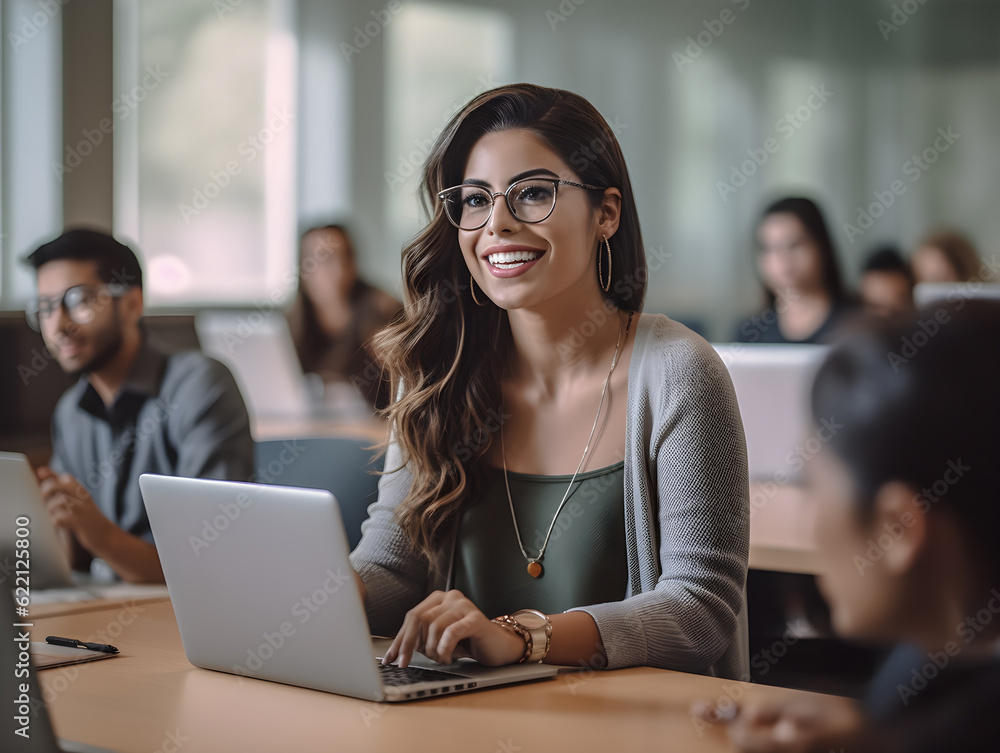 Latina college woman attending college conference using her laptop Latina college woman attending college conference using her laptop