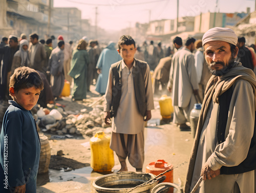 Family of Afghans collecting water on the streets of Kabul city with containers