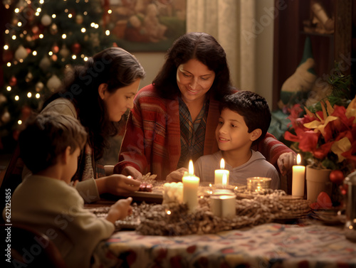 Hispanic family in Latin America celebrating Christmas during a traditional dinner
