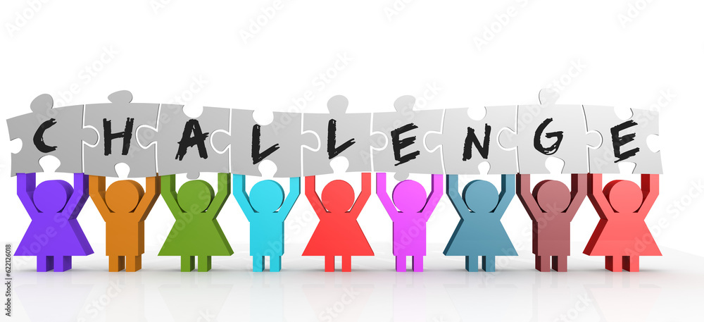 Nine people hold puzzle with challenge word, 3D rendering Nine people hold puzzle with challenge word, 3D rendering
