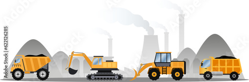 mining transportation, mining industry concept, Excavator and dump truck working at coal mine area, excavator and  front loader and mining truck in mining station, heavy machinery in quarry area