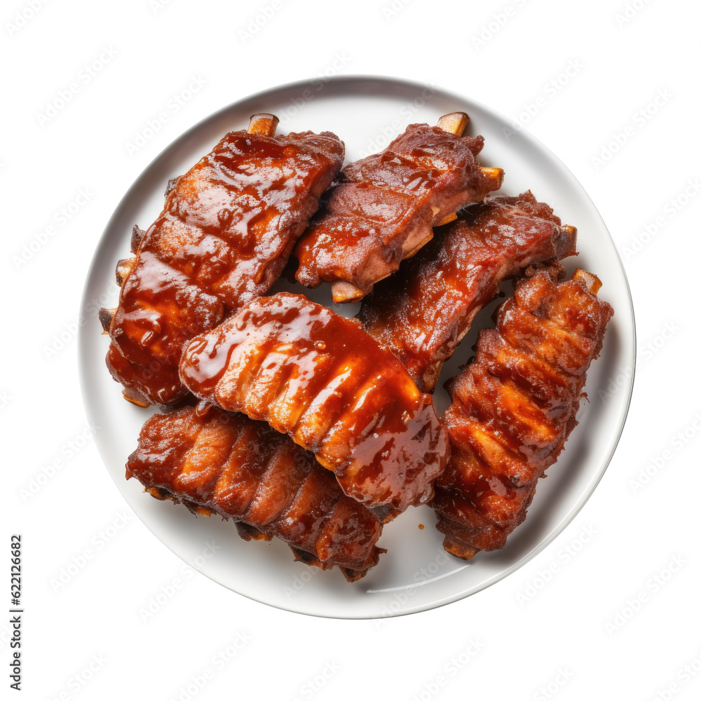Plate of BBQ Ribs Isolated on a White Background