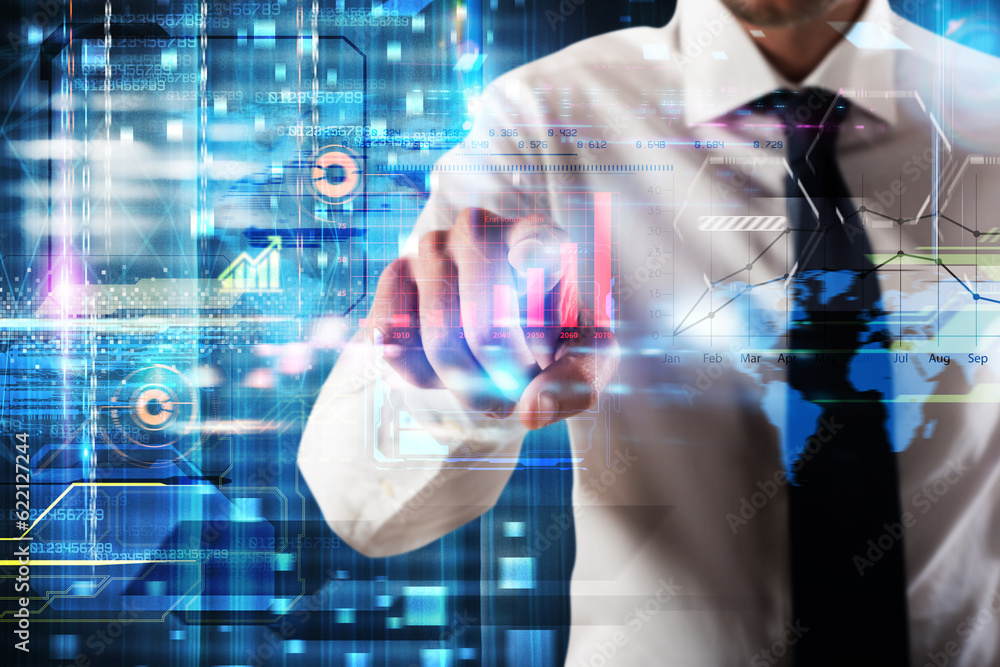 Businessman touching a virtual screen of business analysis Businessman touching a virtual screen of business analysis