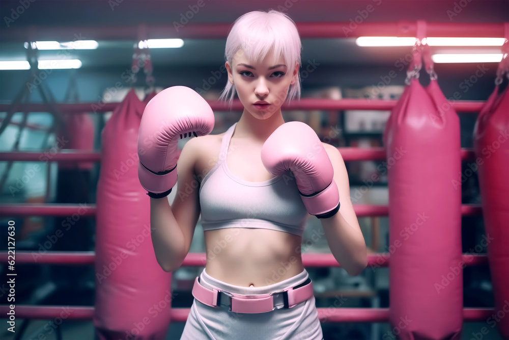 Woman with pink hair posing for a picture while wearing boxing gloves
