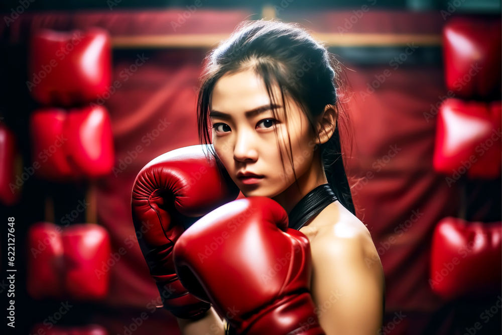 Asian woman in red boxing gloves