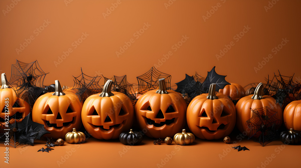 Modern pumpkins spiders, bats frame flat lay on orange background with space for text. Season's greeting card. Happy Halloween. Halloween decorations on orange background Generative AI Modern pumpkins spiders, bats frame flat lay on orange background with space for text. Season's greeting card. Happy Halloween. Halloween decorations on orange background Generative AI