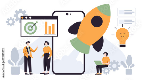 Digital marketing illustration concept in flat vector design style related to business, meeting, finance, strategy, research and development in white background.