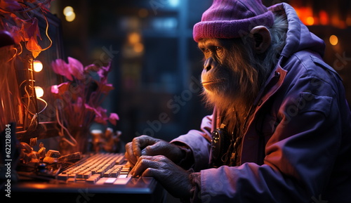 A captivating photo capturing of a large gorilla engrossed in operating a computer. Based on Generative Ai.