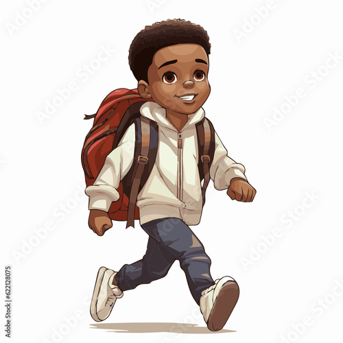 simple cartoon clipart black african american boy student child going to school white background