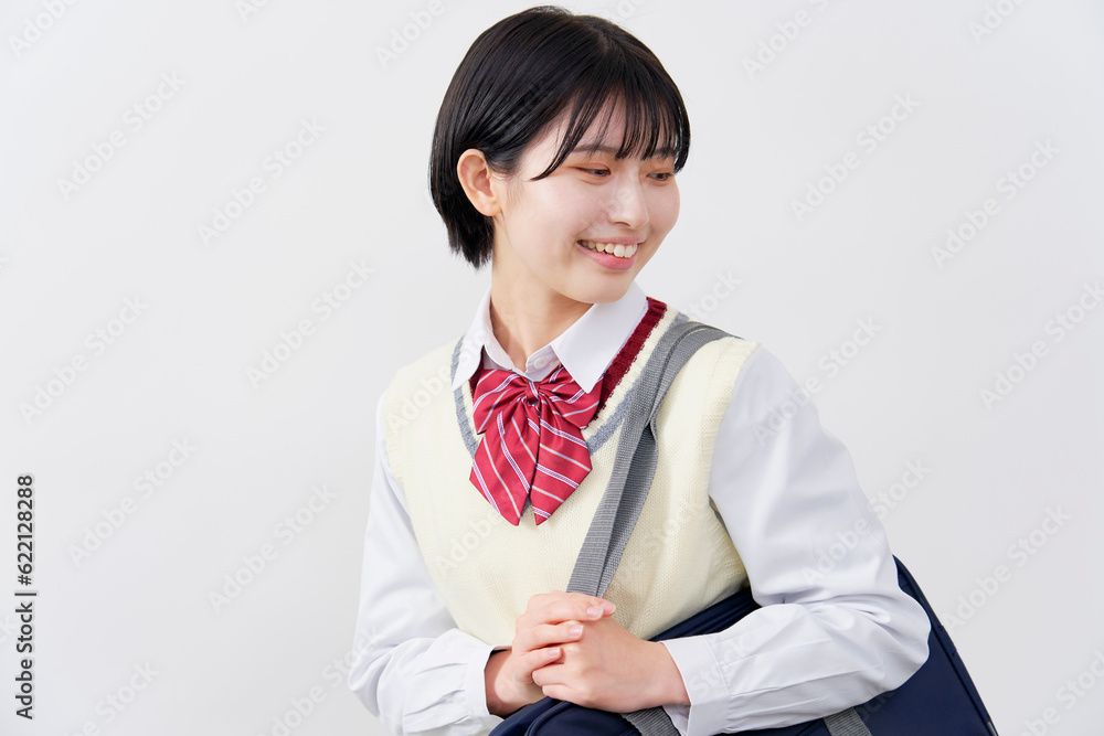 笑顔の女子高生 白背景 全身 笑顔の女子高生 白背景 全身