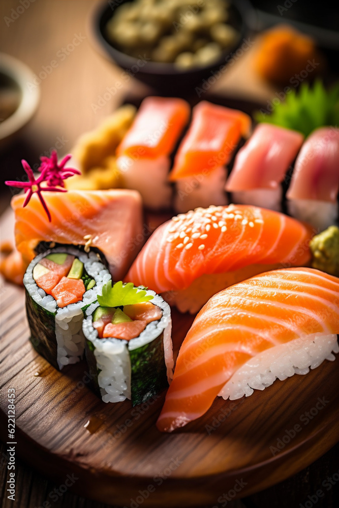 food rice roll japanese seafood japan fish meal set sushi. Generative AI. food rice roll japanese seafood japan fish meal set sushi. Generative AI.