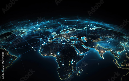 Glowing World map background,created with generative ai tecnology.