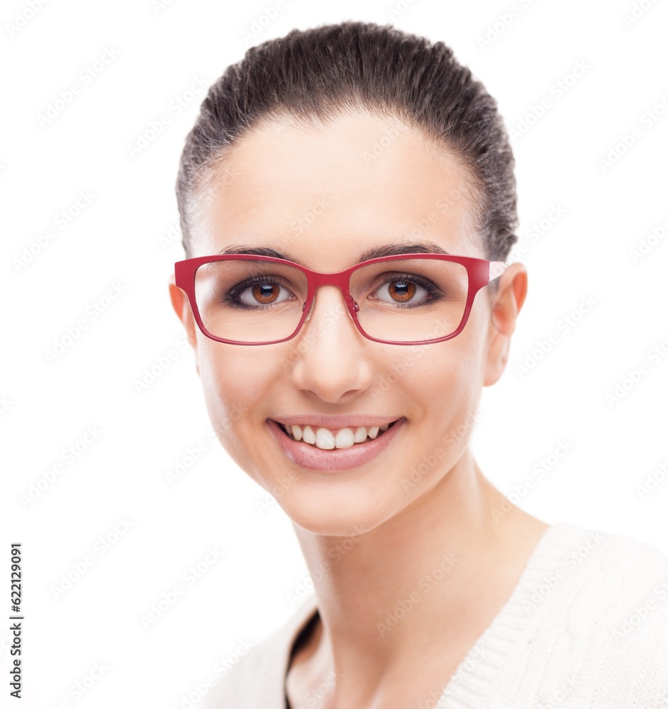Smiling young fashion model posing on white background wearing red stylish glasses Smiling young fashion model posing on white background wearing red stylish glasses