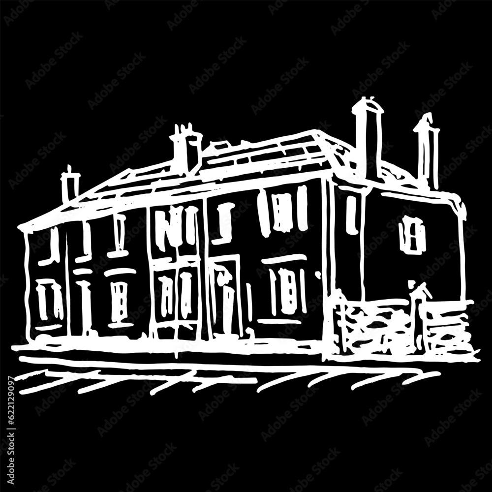 View of Beardsley's house on Ashley road, Epsom. Ashley Villas in England. Hand drawn linear doodle rough sketch. White silhouette on black background.