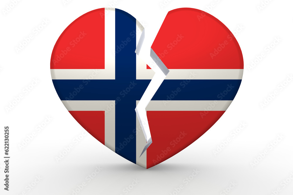 Obraz premium Broken white heart shape with Norway flag, 3D rendering