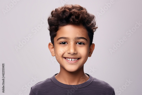 Happy smiling Indian preteen kid closeup shot white background