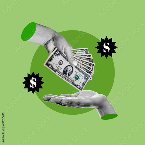 Fotografija Pago de salarios, pago de dinero, mano con dinero, dólares, pesos, nómina, salar