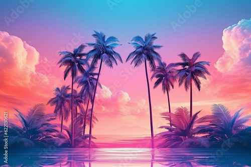 Tropical and palm leaves in vibrant bold gradient holographic neon colors © Srikanth