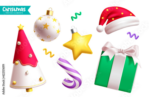 Christmas elements vector set design. Christmas season gift, hat, star and xmas tree decoration elements. Vector illustration seasonal party elements collection.