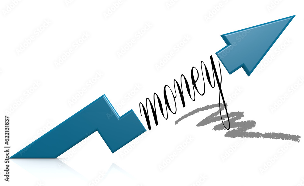 Blue arrow with money word, 3D rendering Blue arrow with money word, 3D rendering
