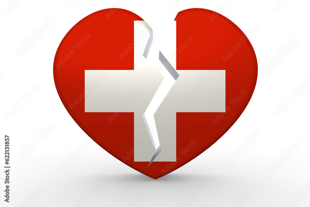 Broken white heart shape with Switzerland flag, 3D rendering Broken white heart shape with Switzerland flag, 3D rendering