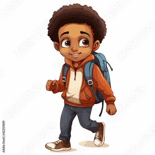 simple cartoon clipart black african american boy student child going to school white background
