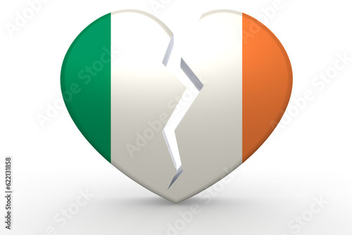 Broken white heart shape with Ireland flag, 3D rendering