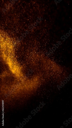 Golden black rich abstract magic stars particles lights swirl loop background. Detailed vertical luxury and glamor 3D illustration backdrop. Glowing swarm of amber sparks for luxury product shot.