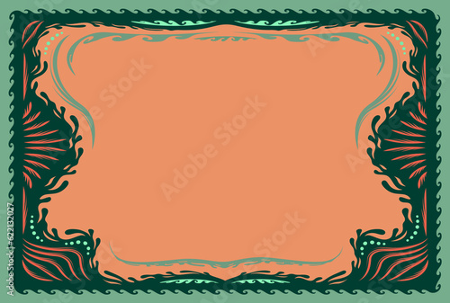 A horizontal frame template in greens and pinks, with a psychedelic retro vibe. Good for poster, flyer, or greeting.
