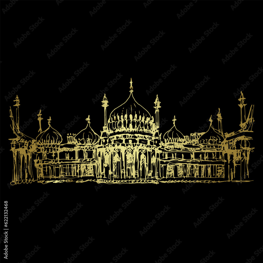 Facade of the The Royal Pavilion in Brighton, England. Architectural monument in Indo-Saracenic style. Hand drawn linear sketch. Golden glossy silhouette on black background.