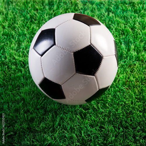 Soccer ball on green plastic artificial grass  soccer and sport concept.