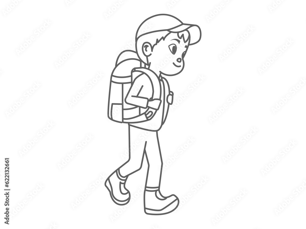 camping icon illustration, line art of a boy carrying a camping backpack