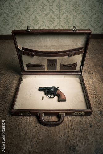 Open vintage leather briefcase with only revolver gun and bullet inside, vintage wallpaper and wooden floor on background.