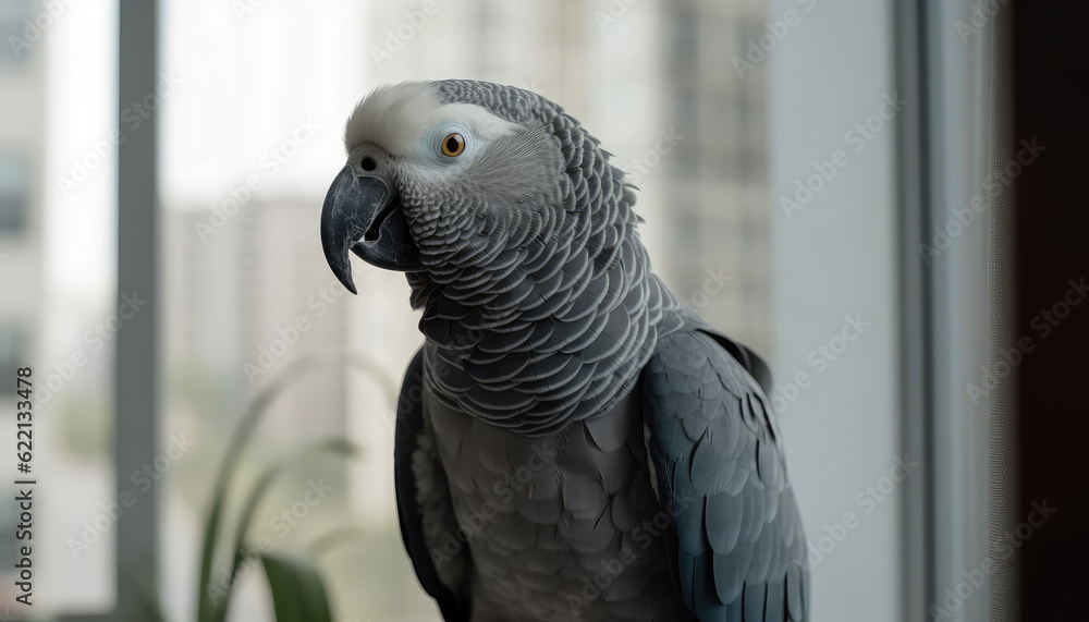 Obraz premium African gray parrot bird lonely looks out of the window as he is far from his owner who has to work outside. Pets and animal concept. Generative AI