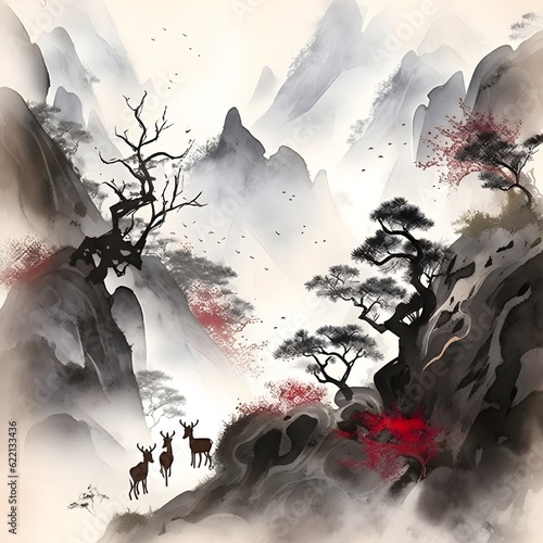 Traditional Chinese ink painting of landscape mountain with trees, deer and flying birds