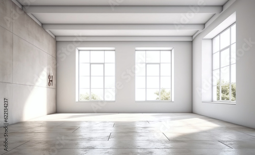 empty luxurious room with white walls and large windows. indoor room with wooden floor for mockup and background