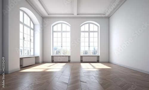 empty luxurious room with white walls and large windows. indoor room with wooden floor for mockup and background